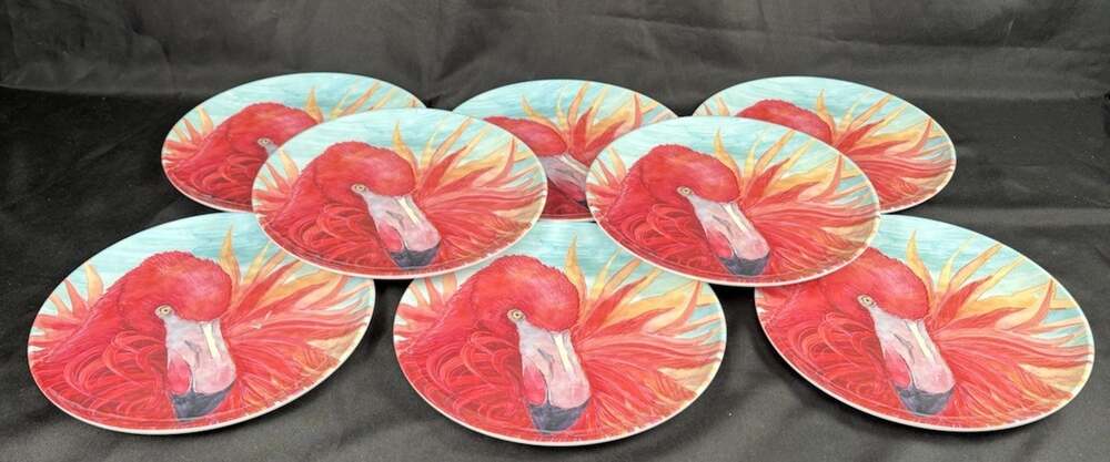 Set Of 8 Flamingo Style Dinner Plates